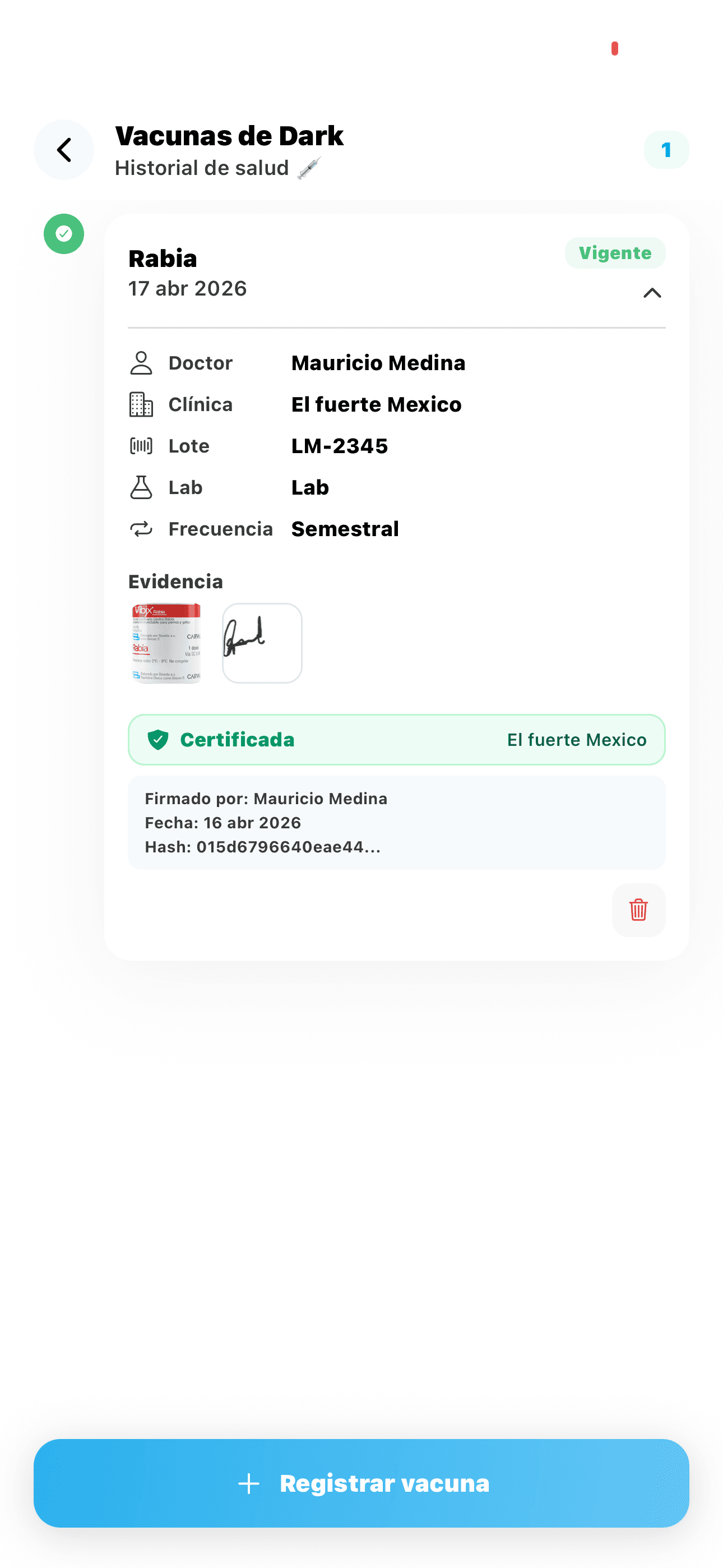 Cartilla y vacunas certificadas
