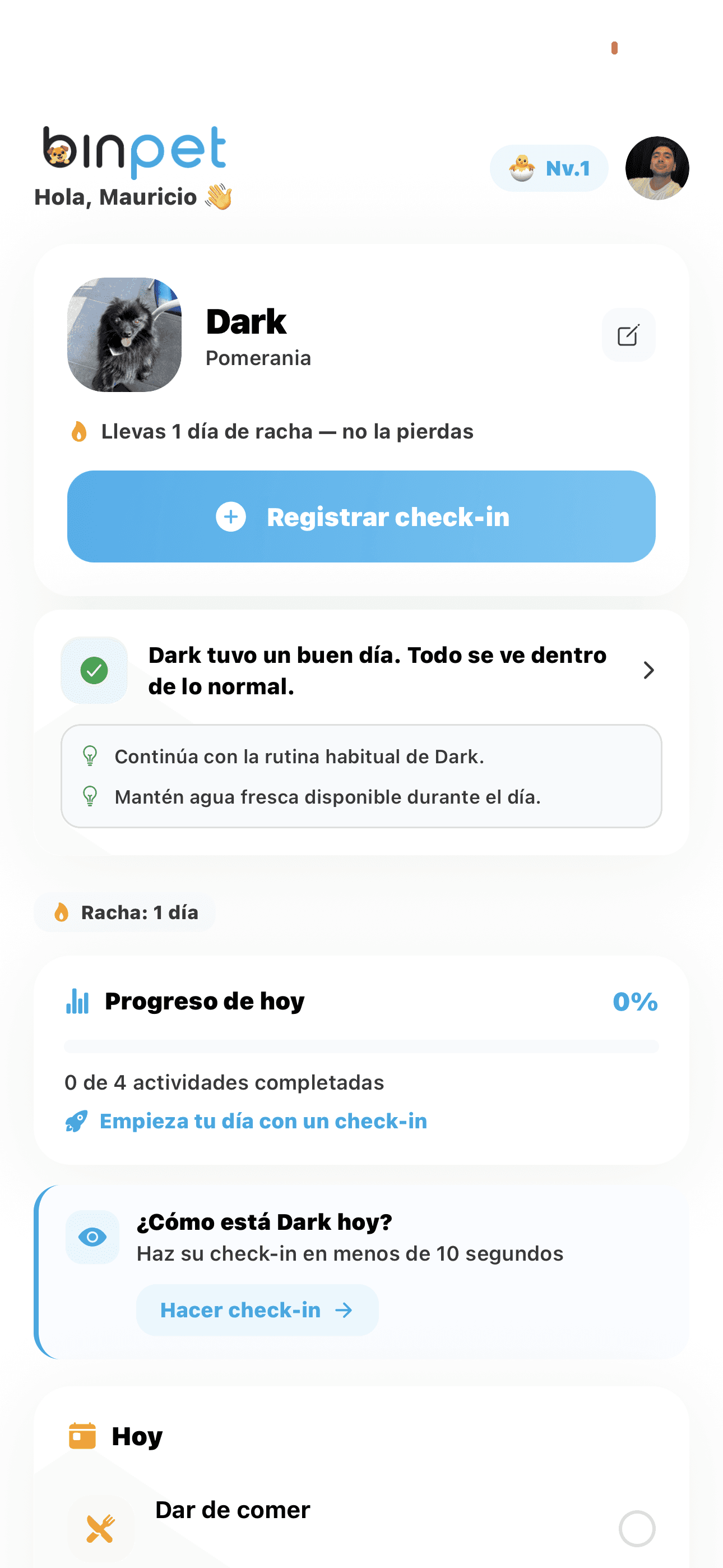 Pantalla de inicio de Binpet