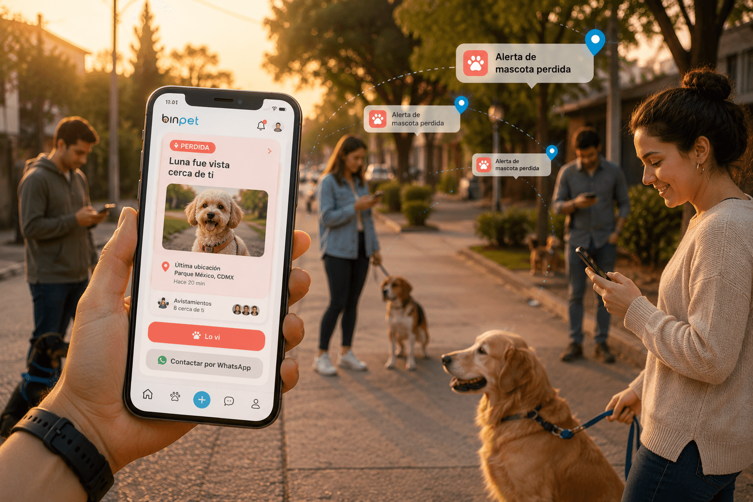 Alerta de mascota perdida en Binpet: tarjeta ‘Perdidas cerca de ti’ con badge PERDIDA, avistamientos y contacto por WhatsApp.